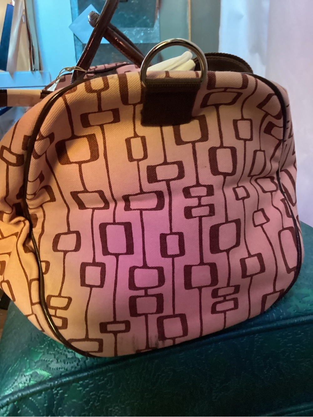 Pink Geometric Weekender Duffel Bag with Brown Trim - Picture 4 of 7